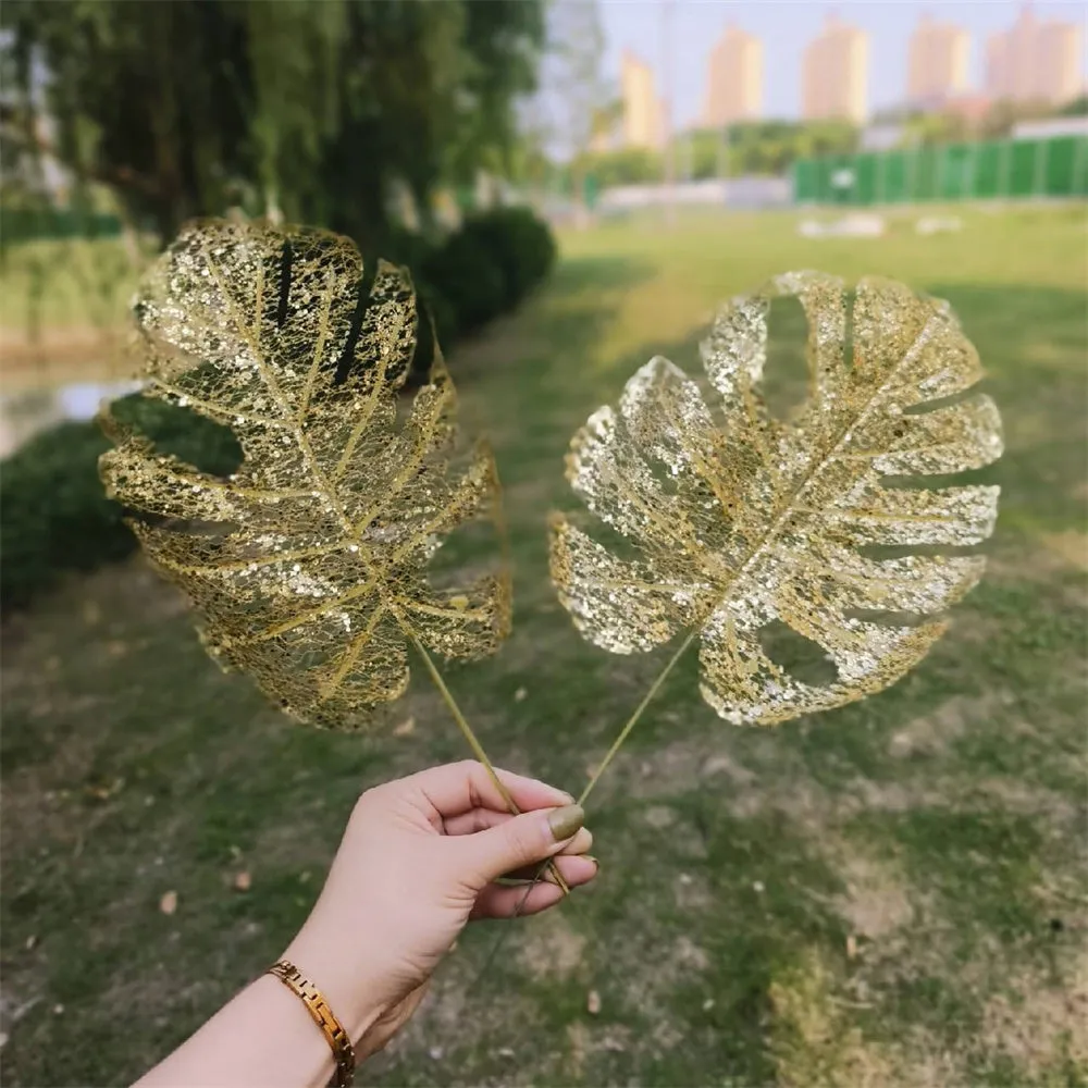 Bulk 10 Pcs Artificial Glitter Golden Palm Leaves Tropical Party Decorations Wholesale