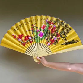 Giant Golden Yellow Silk Fan Birds and Blossoms (50cm x 90cm)