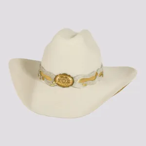 Lizzie | Womens White Felt Cattleman Cowgirl Hat with Gold Feathers and Concho