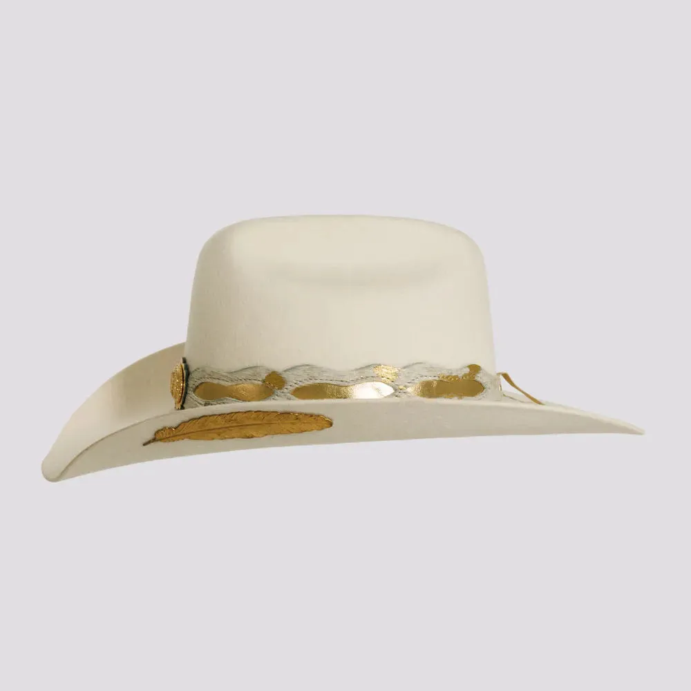 Lizzie | Womens White Felt Cattleman Cowgirl Hat with Gold Feathers and Concho