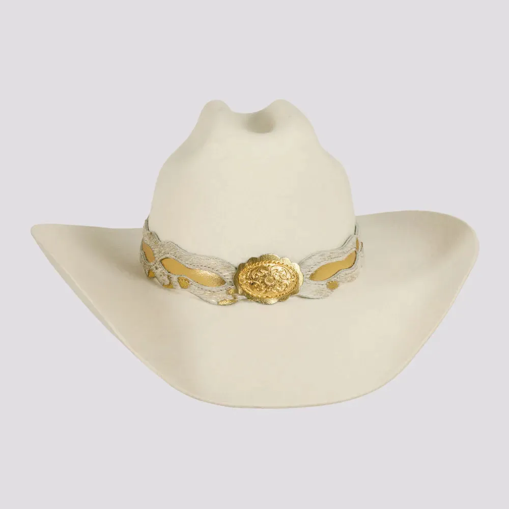 Lizzie | Womens White Felt Cattleman Cowgirl Hat with Gold Feathers and Concho