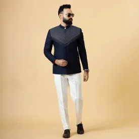 Stunning Line thread embroidered Navy Blue Jodhpuri Bandhgala with White Trouser