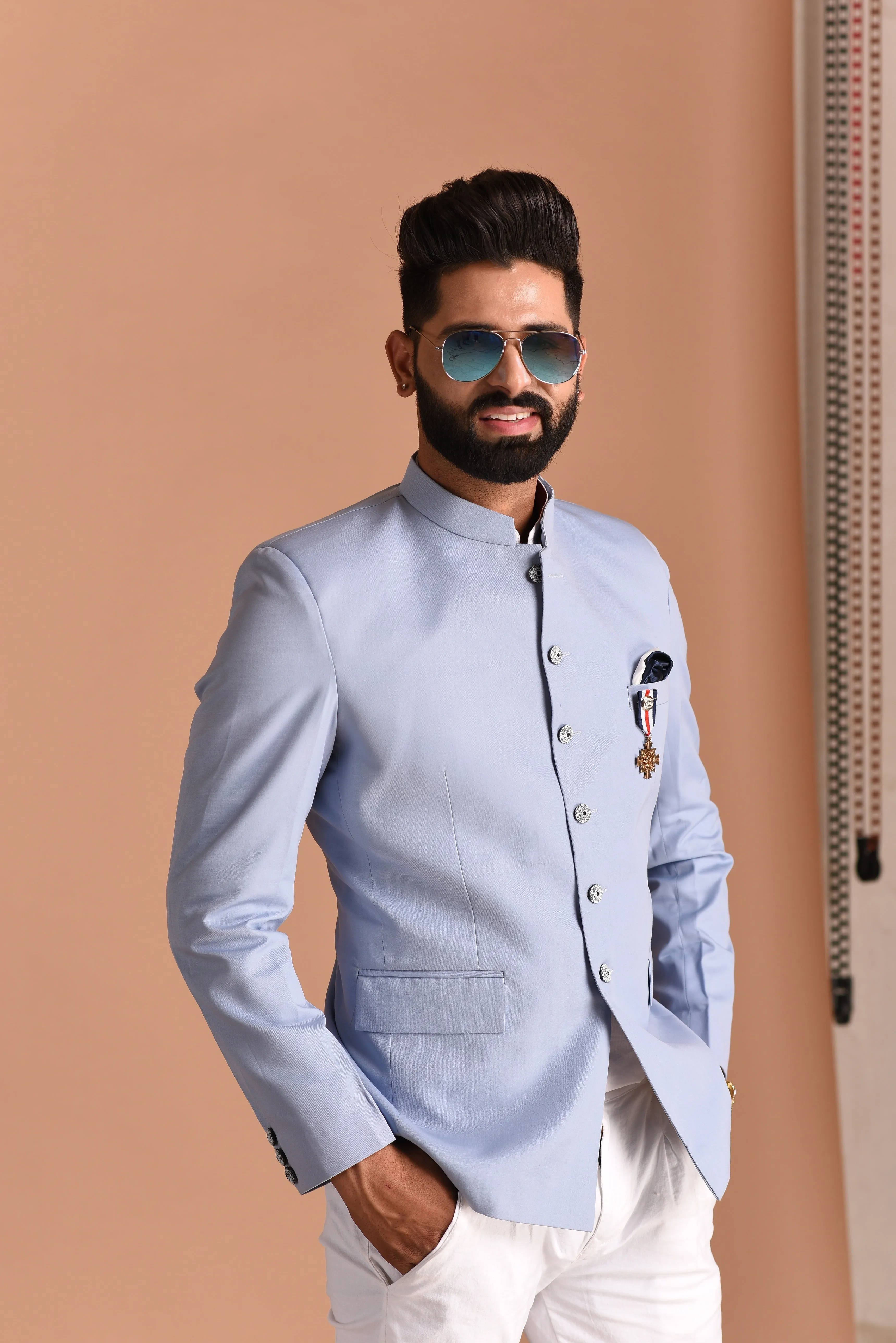 Stunning Powder Blue Jodhpuri Bandhgala with White Trouser