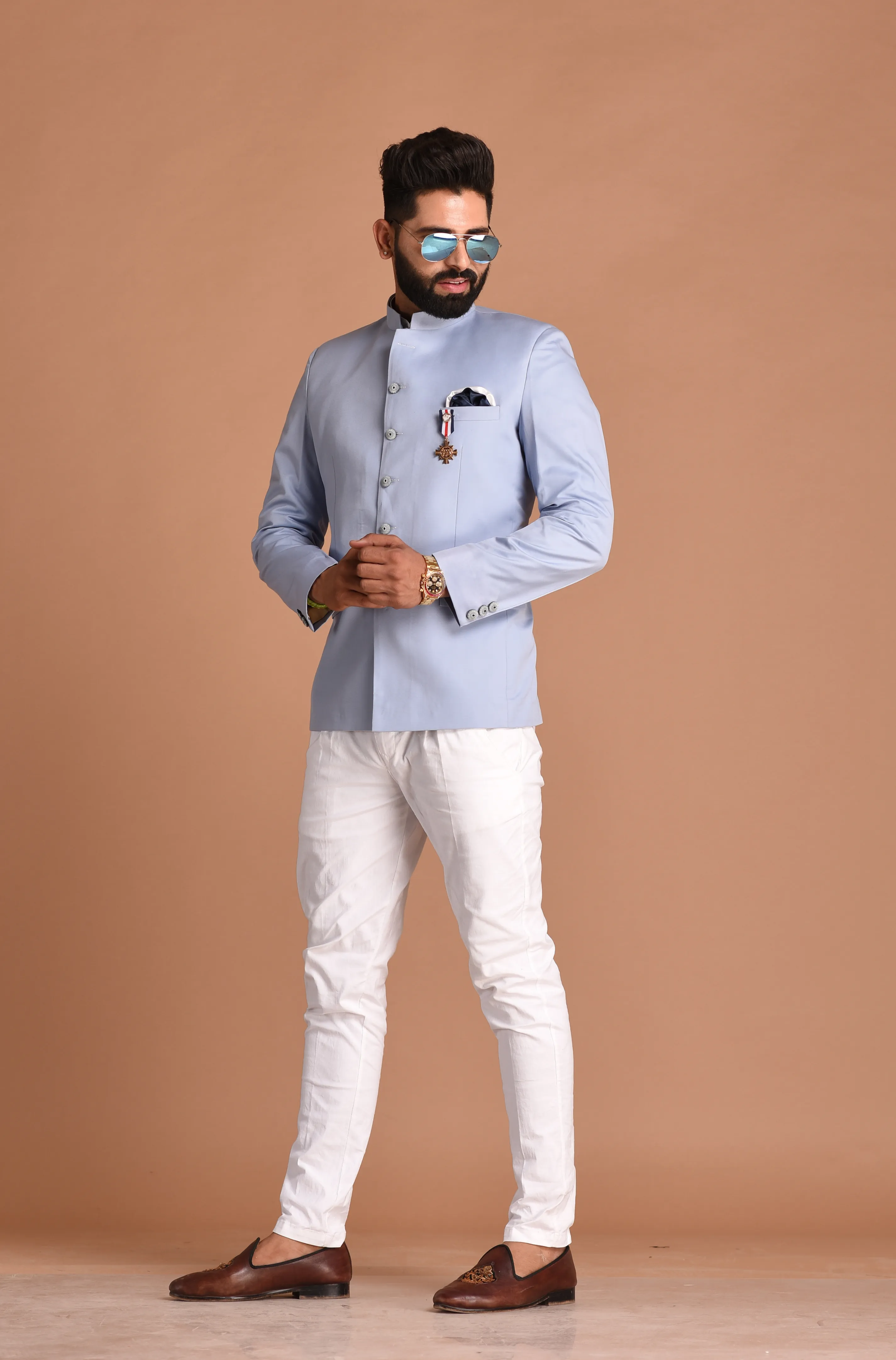 Stunning Powder Blue Jodhpuri Bandhgala with White Trouser