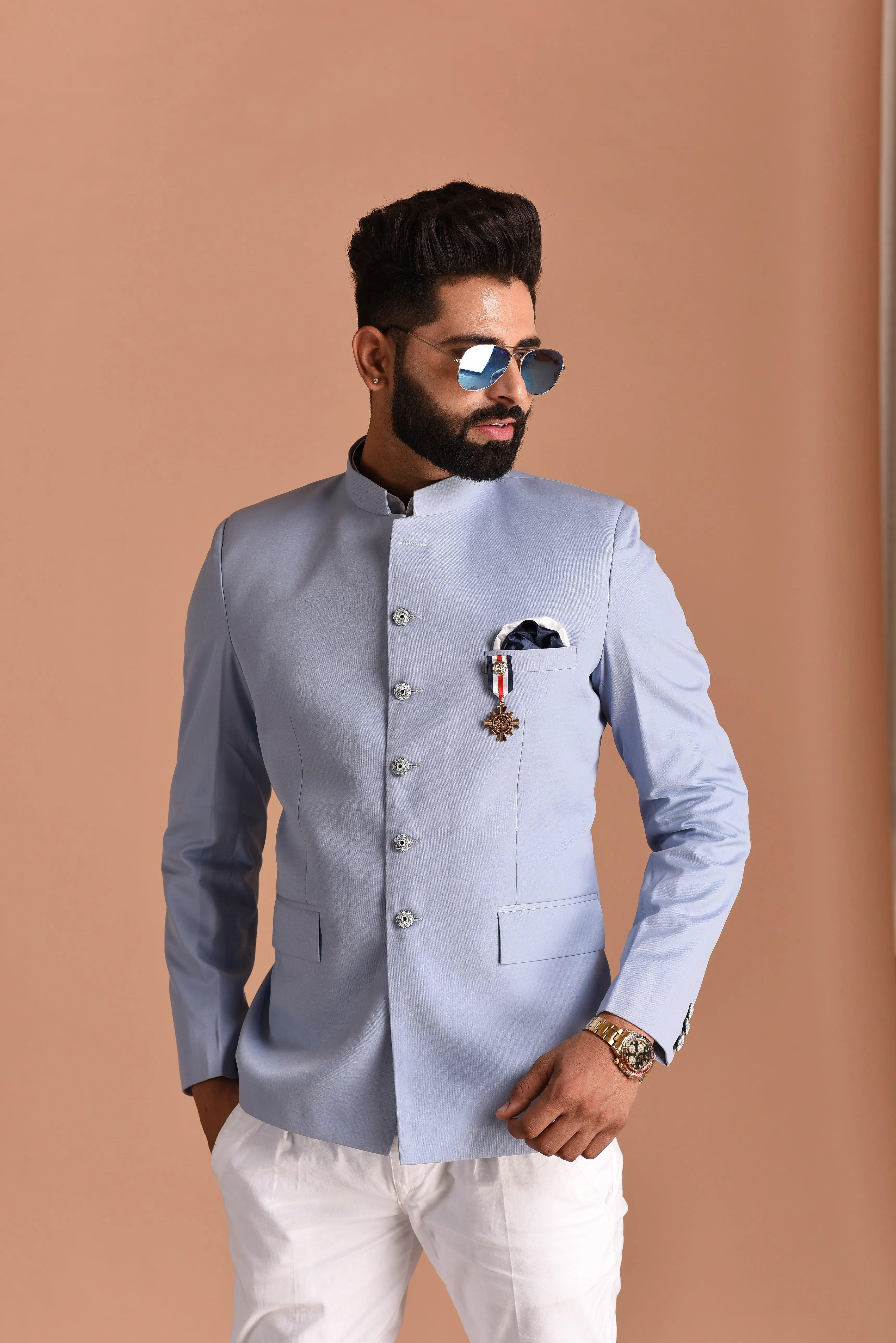 Stunning Powder Blue Jodhpuri Bandhgala with White Trouser