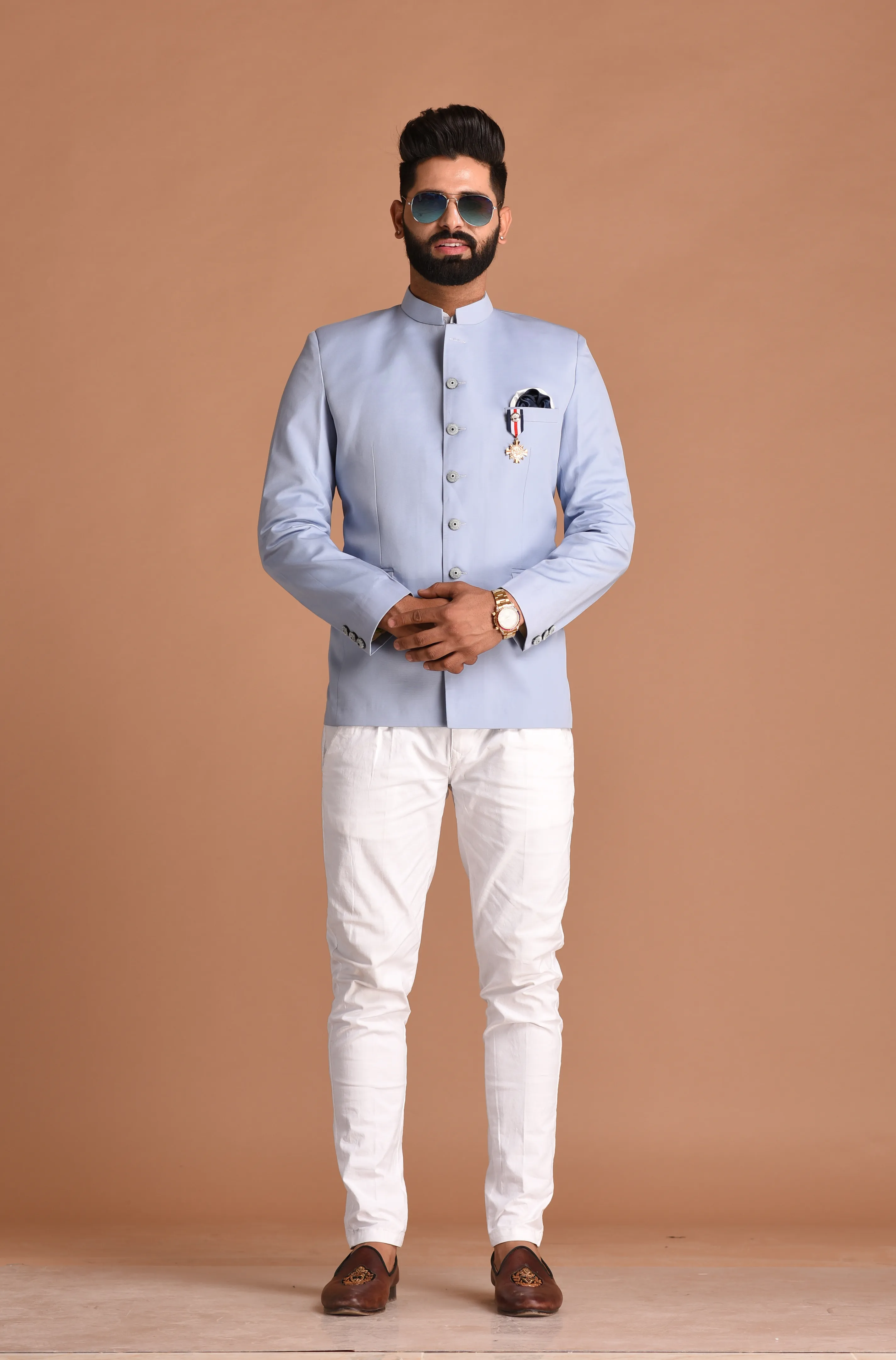 Stunning Powder Blue Jodhpuri Bandhgala with White Trouser