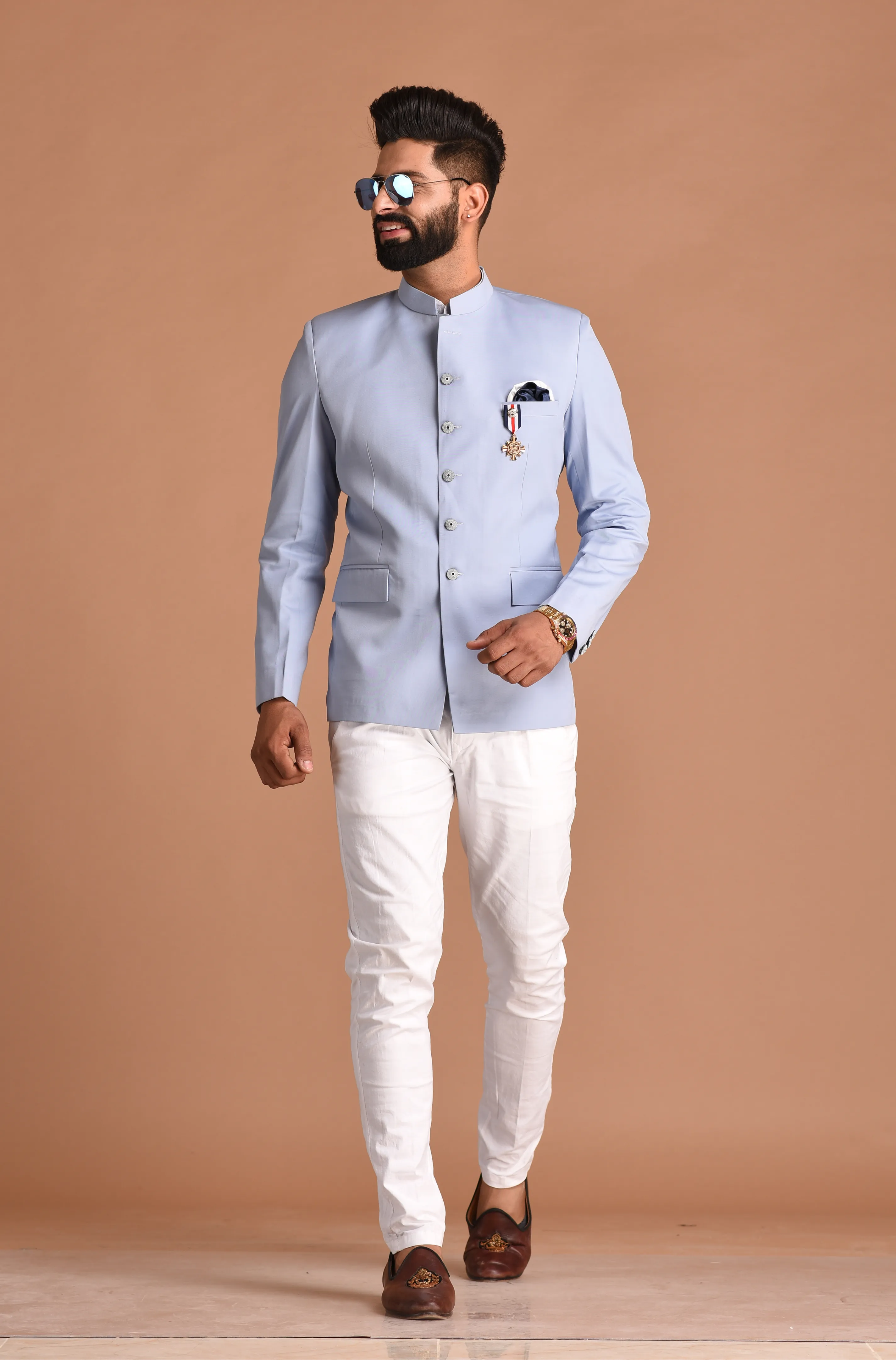 Stunning Powder Blue Jodhpuri Bandhgala with White Trouser