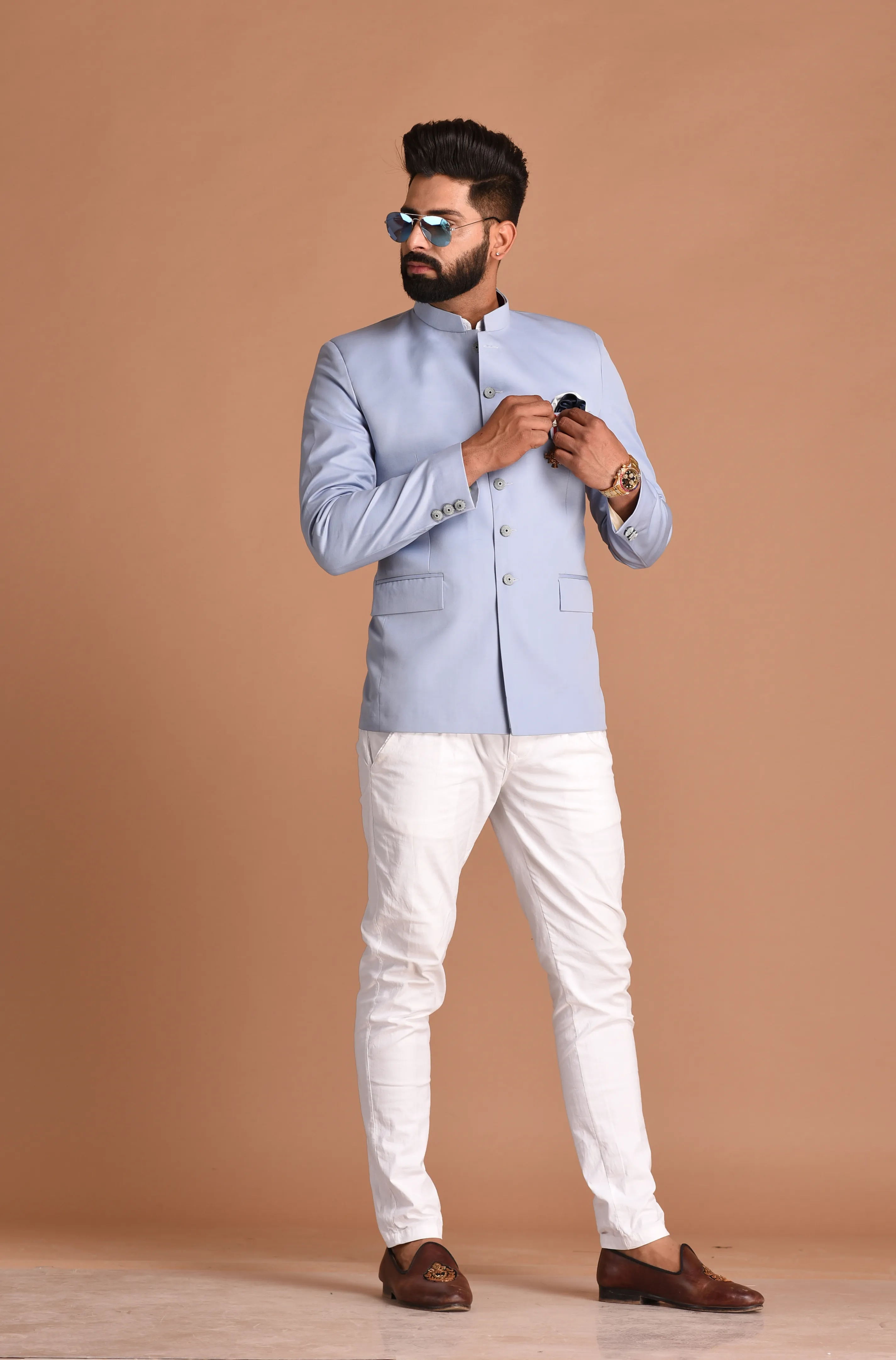 Stunning Powder Blue Jodhpuri Bandhgala with White Trouser