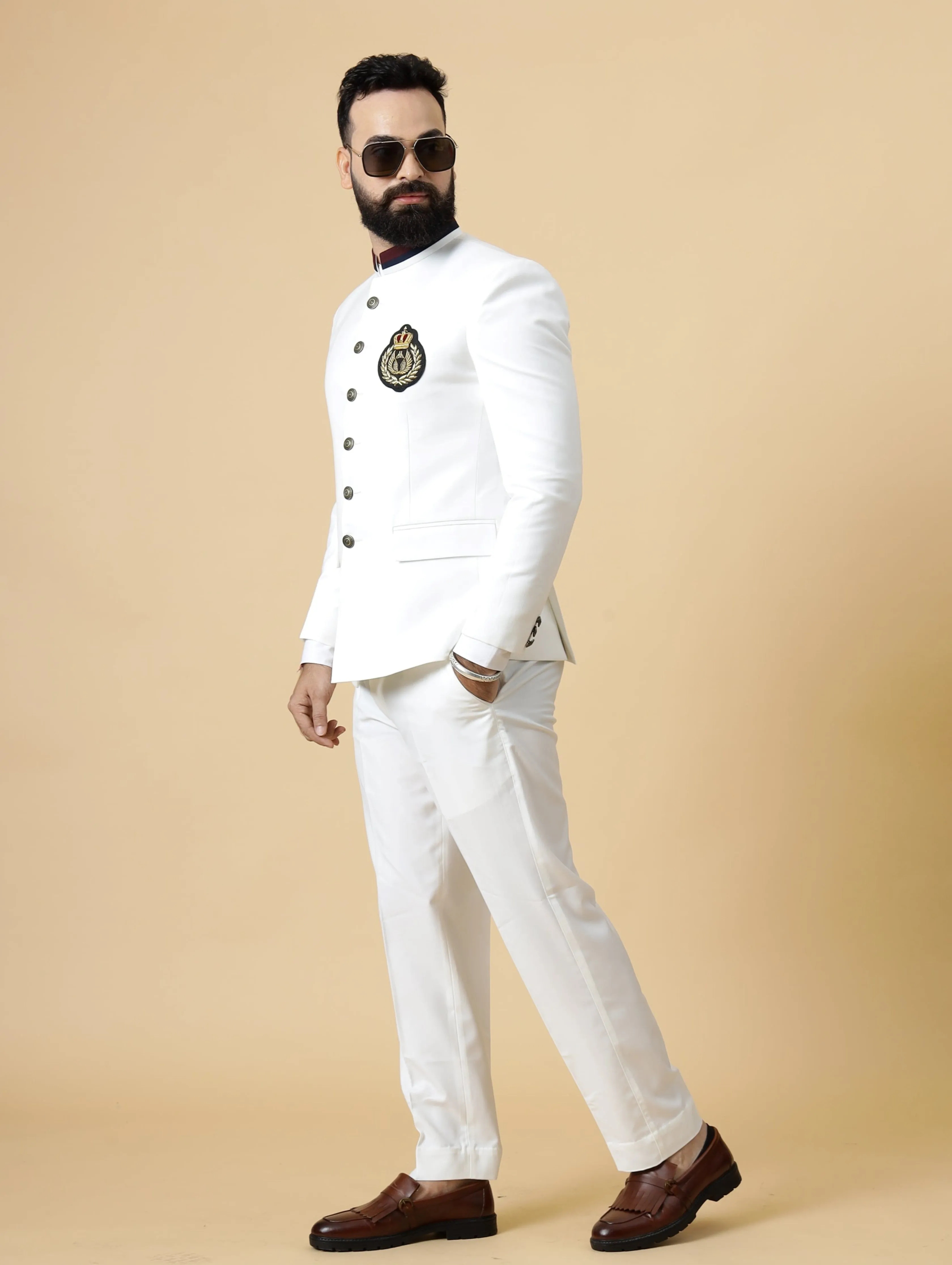 Stunning White Patch Embroidered Jodhpuri Suit for Men