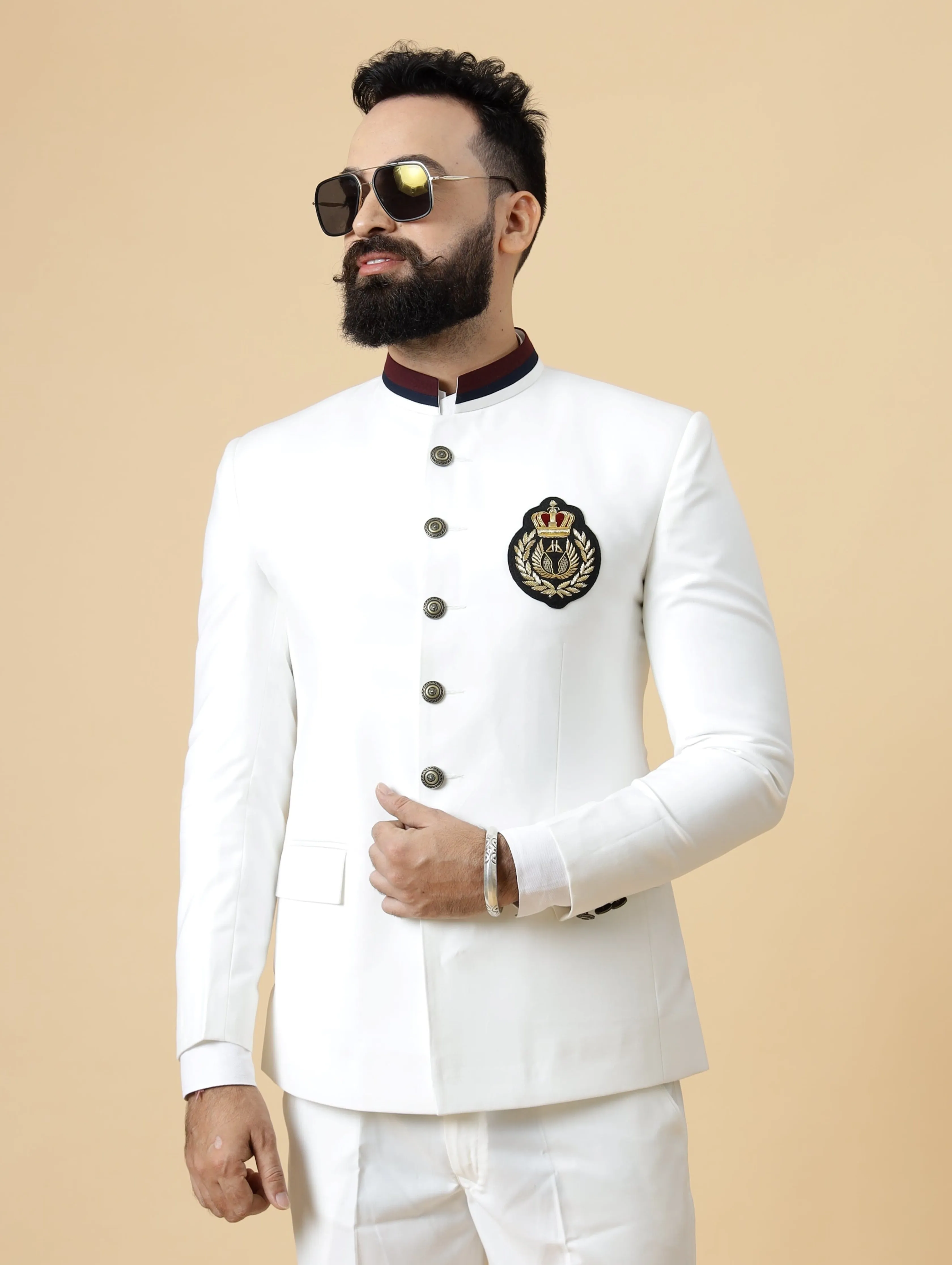 Stunning White Patch Embroidered Jodhpuri Suit for Men