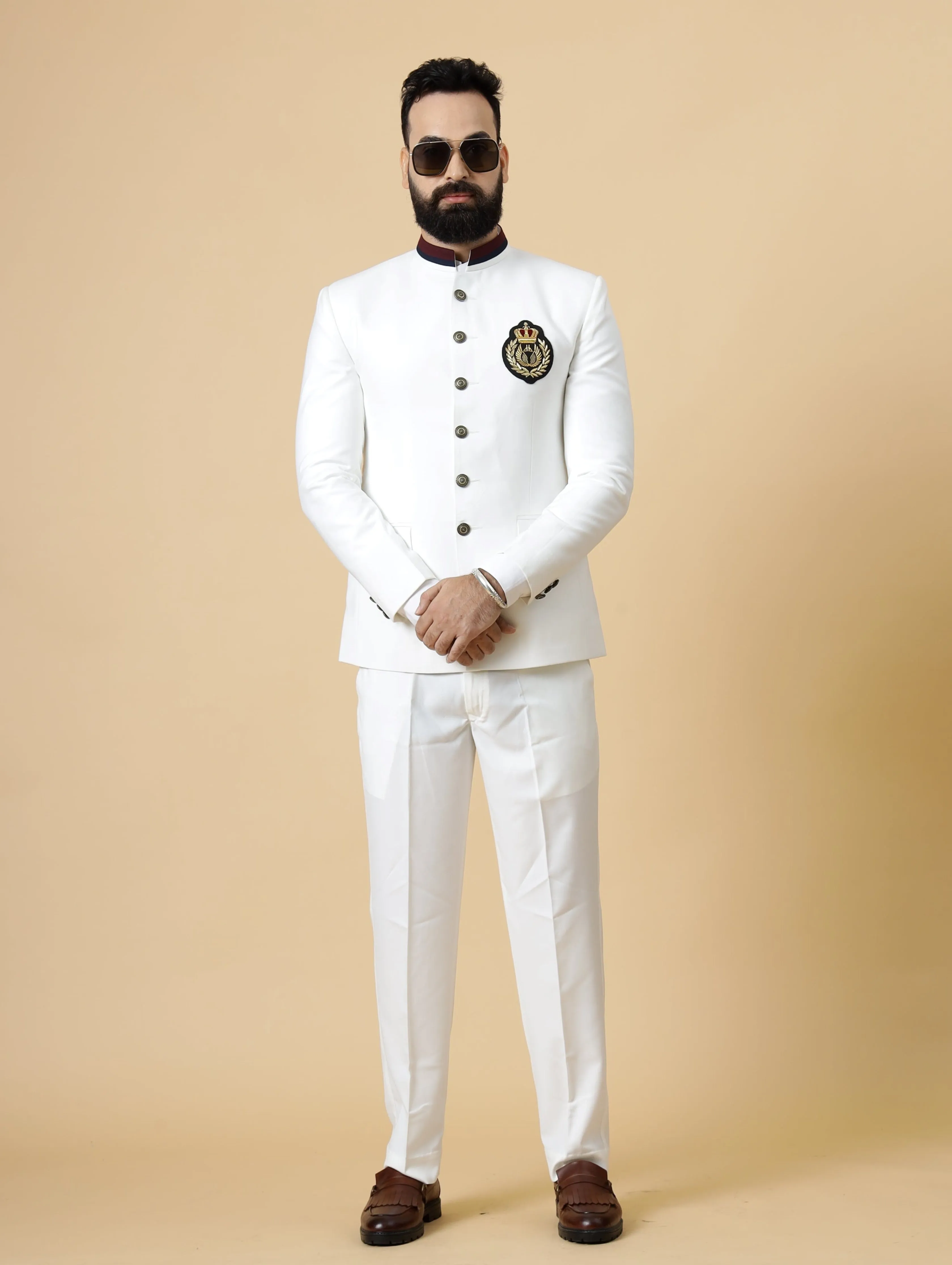 Stunning White Patch Embroidered Jodhpuri Suit for Men