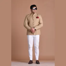 Tan Brown Bandhgala Jodhpuri Blazer With White Trouser