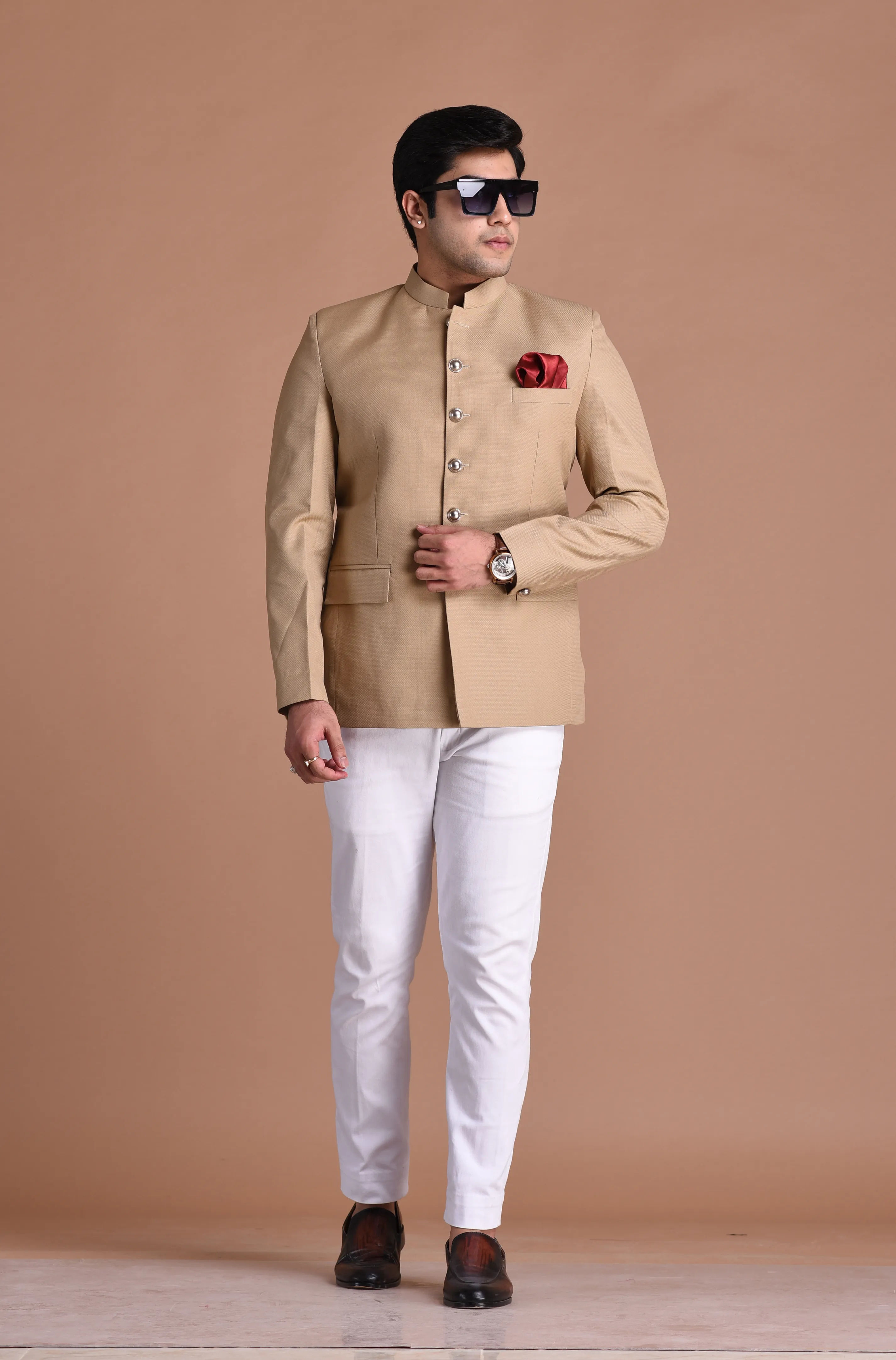 Tan Brown Bandhgala Jodhpuri Blazer With White Trouser