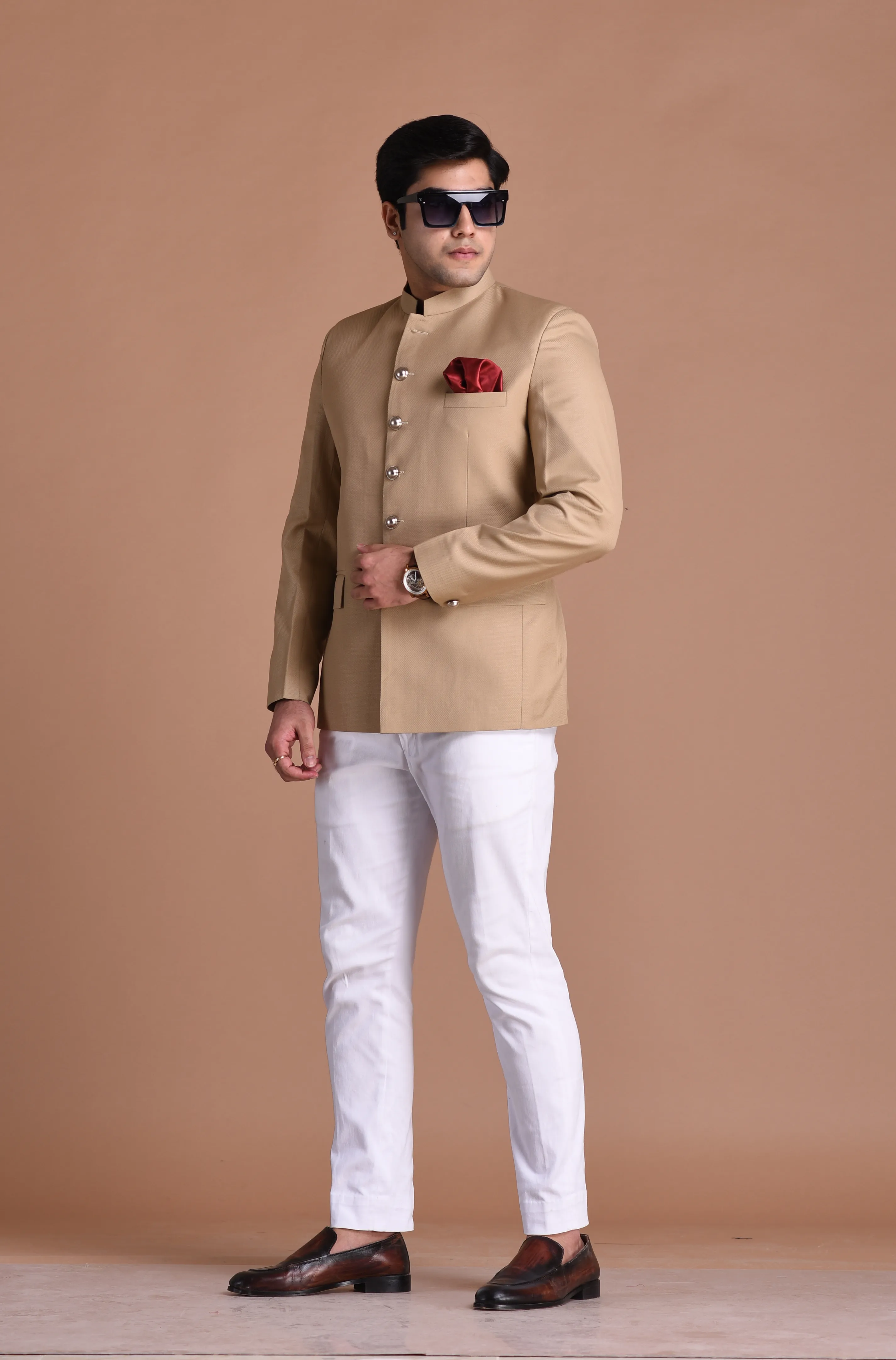 Tan Brown Bandhgala Jodhpuri Blazer With White Trouser