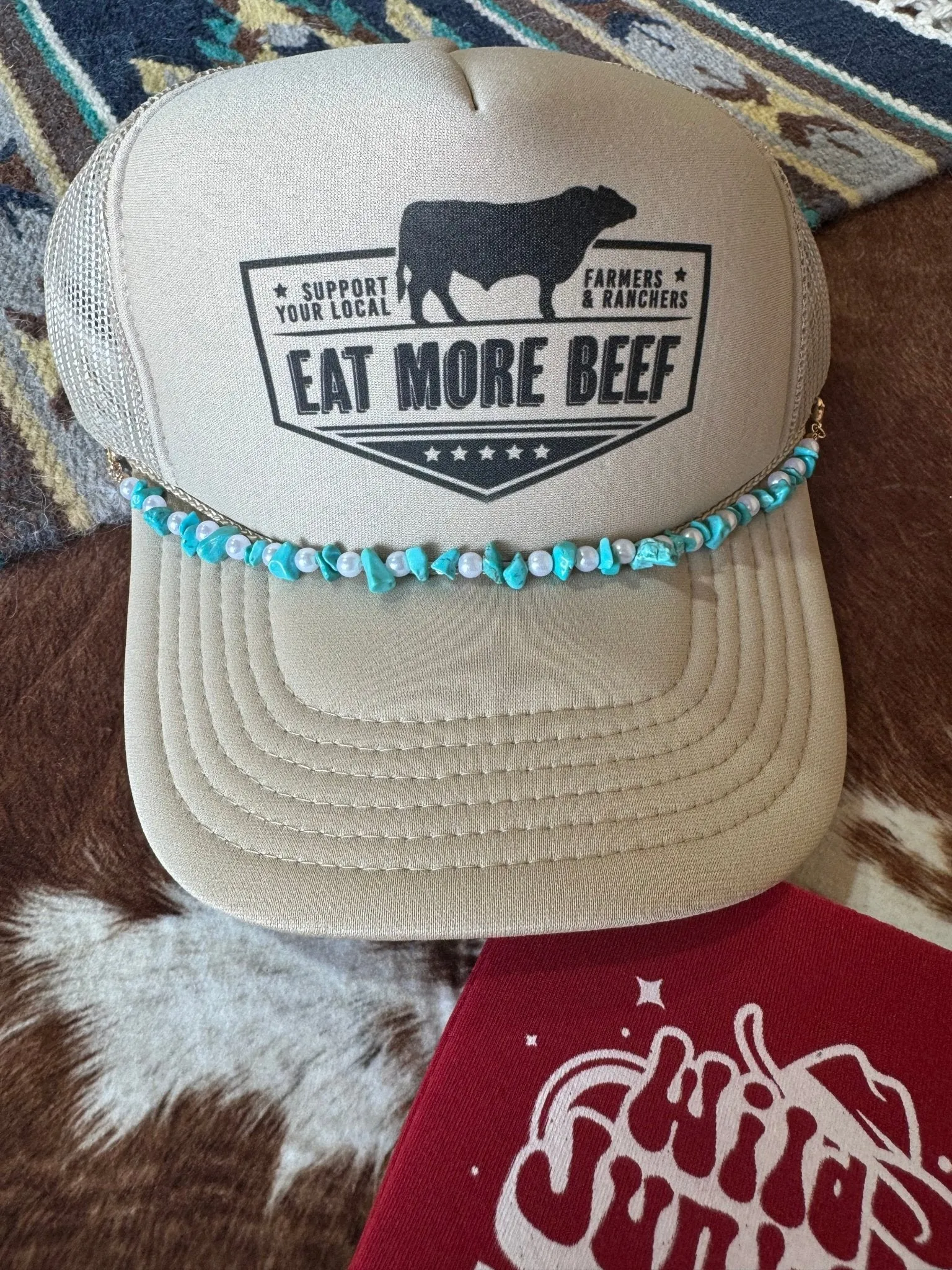 Turquoise and Faux Pearl Trucker Hat Chain