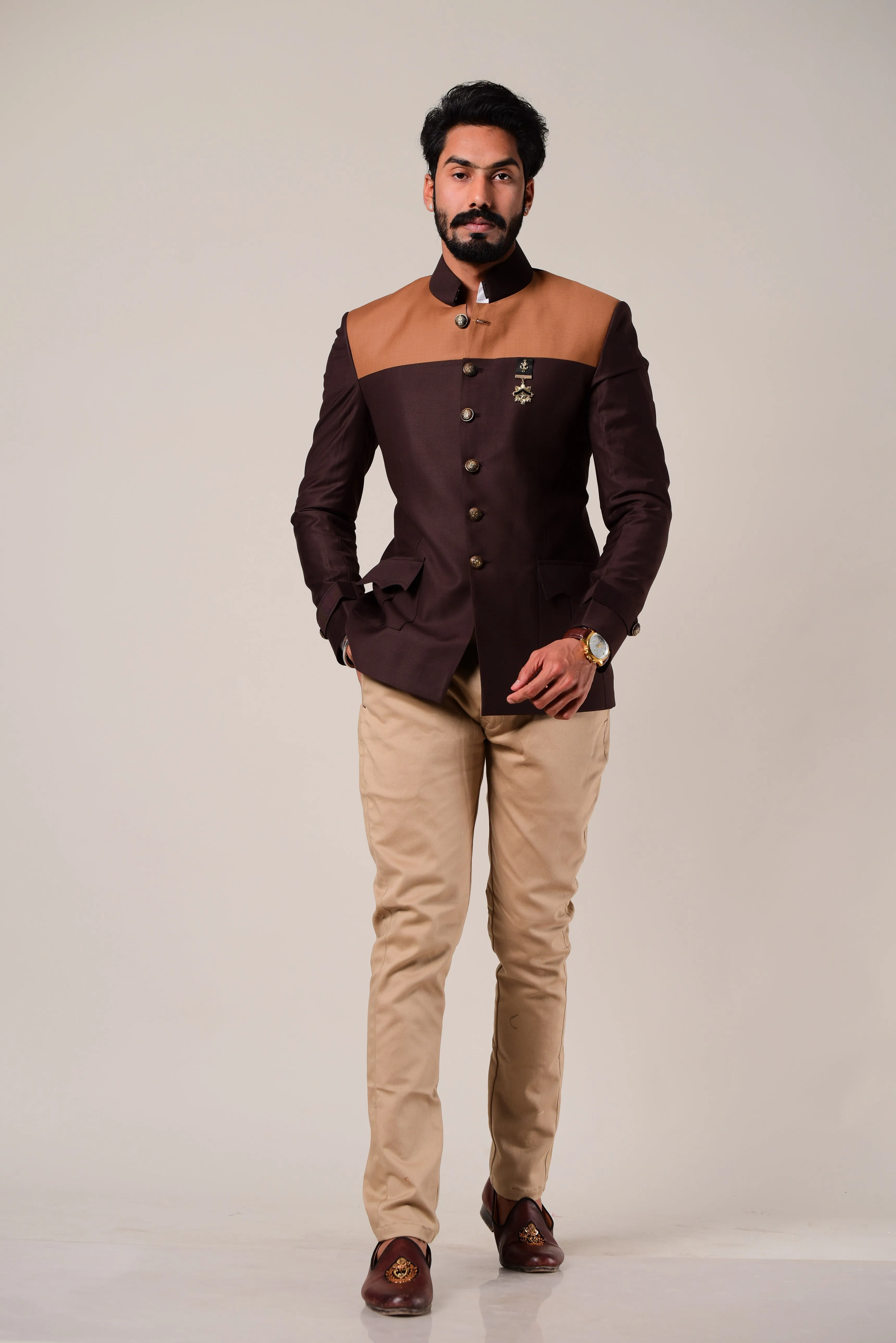 Umber Brown Dual Color Bandhgala Blazer With Trouser