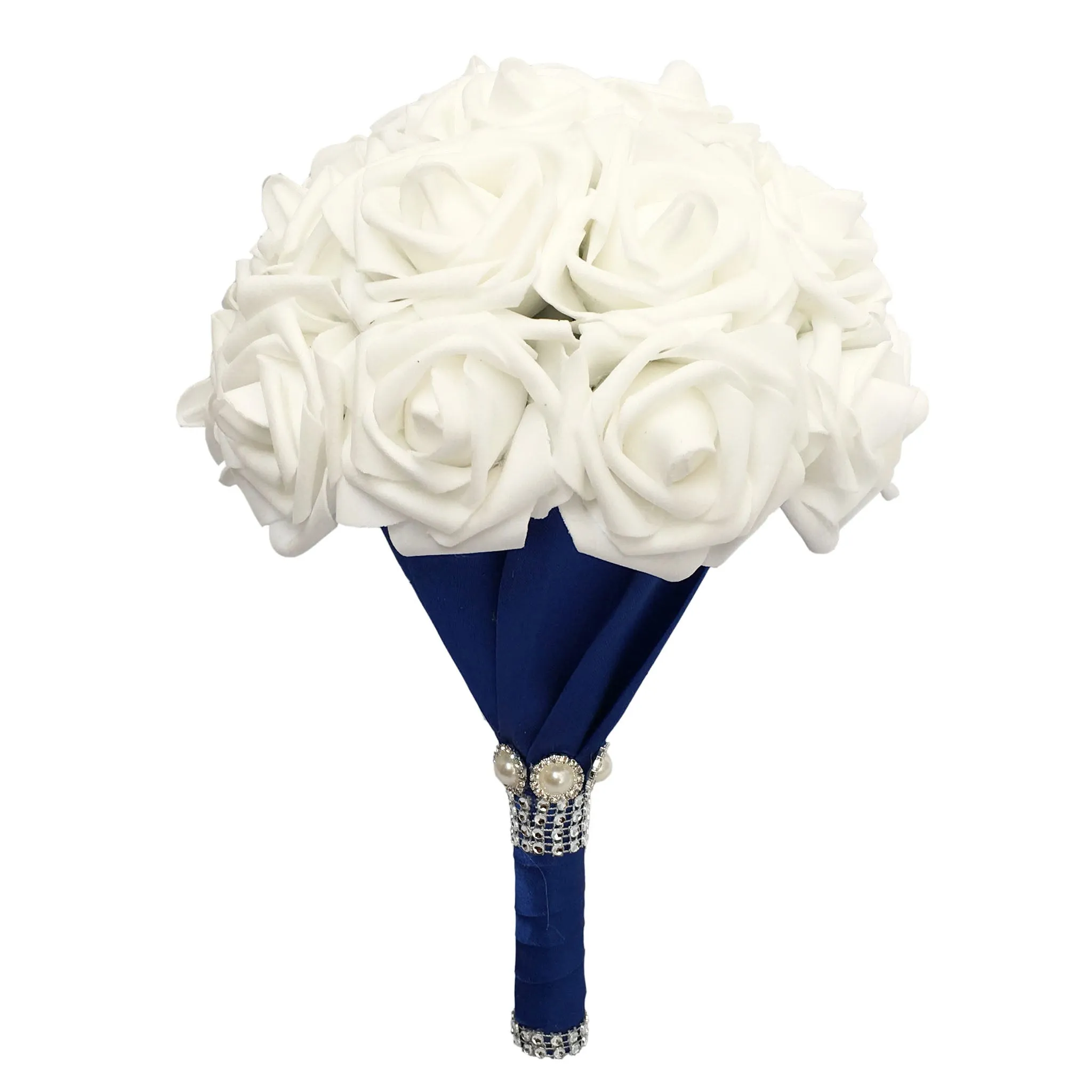 White Rose Bridal Bouquet with Royal Blue Ribbon