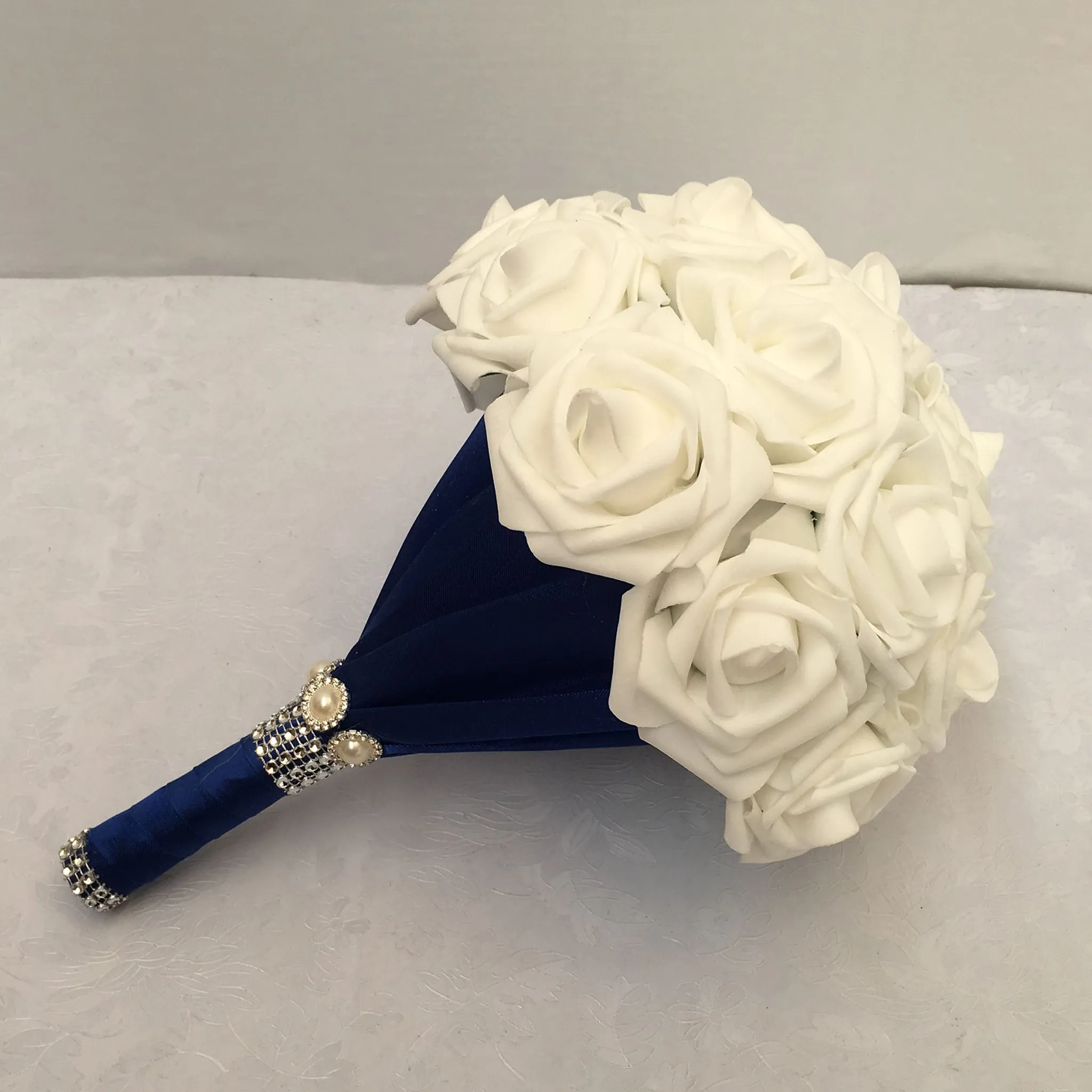 White Rose Bridal Bouquet with Royal Blue Ribbon