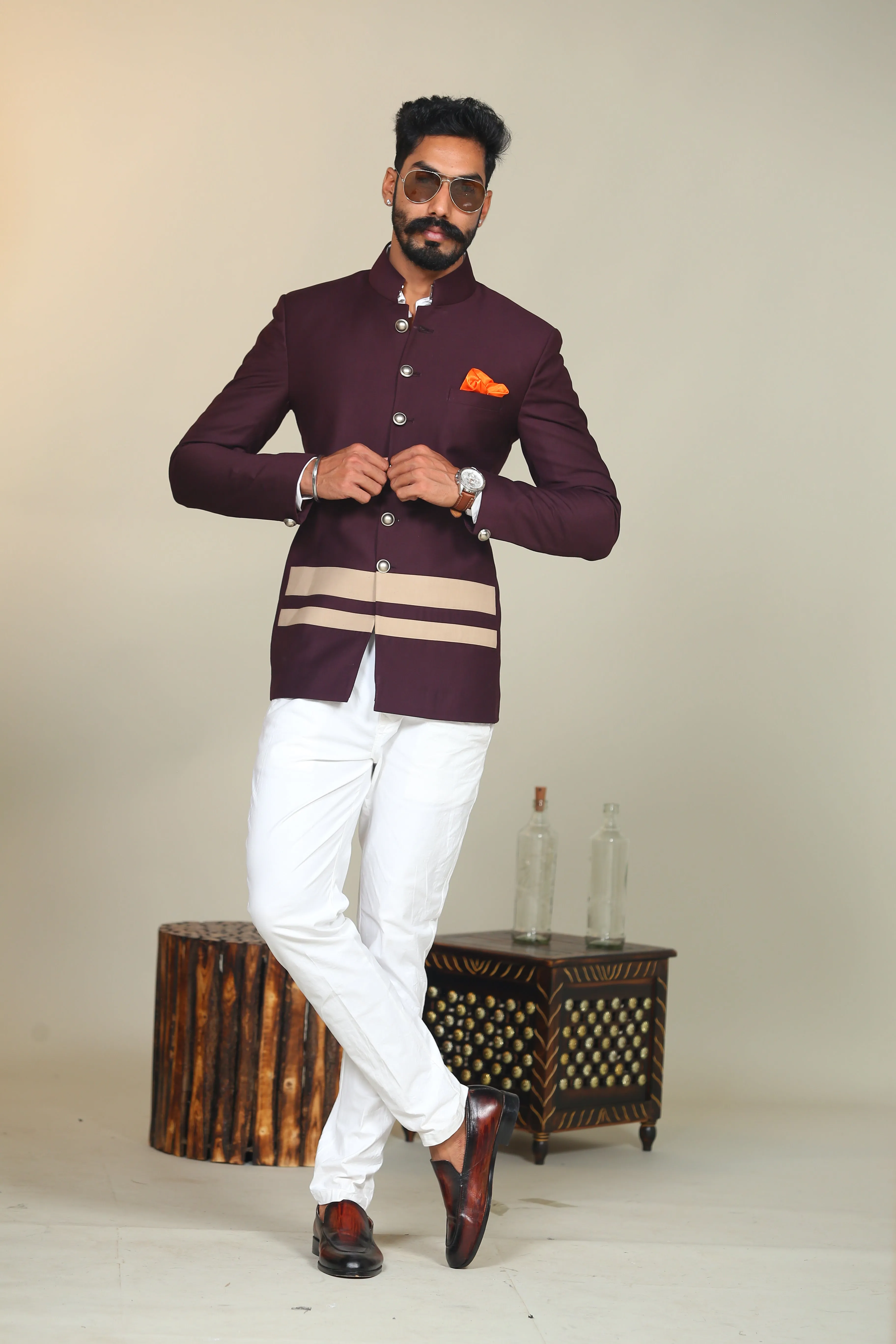 Wine Double Bottom Stripes Bandhgala Blazer With White Trouser